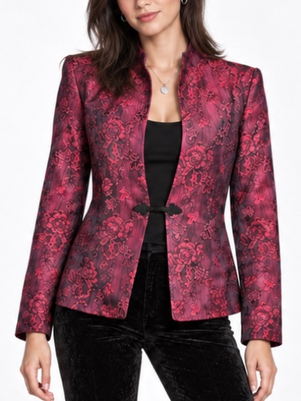 Coldwater Creek Y2K Floral Brocade Mandarin Blazer Jacket Burgundy Black Size 8